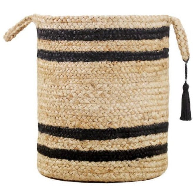 Double Striped Natural Jute Tan / Black 17 in. Decorate Storage Basket with Handles